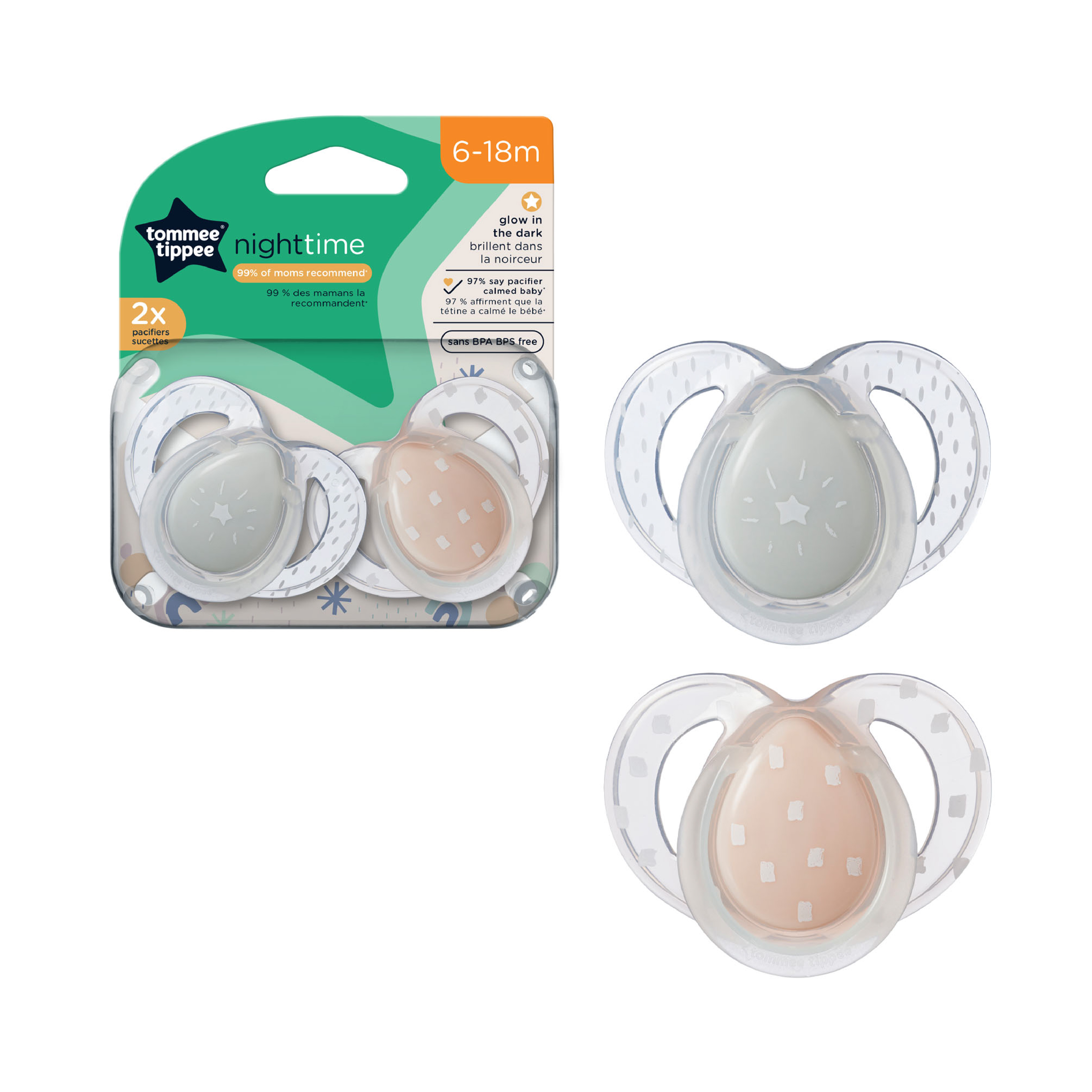 CHUPETES 6-18 MESES TT NIGHT TIME 2 PK  NUEVO