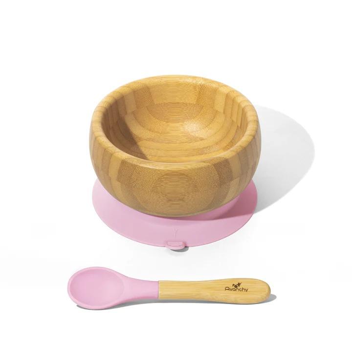 BAMBOO STAY PUT SUCTION BABY BOWL+SPOON ROSA