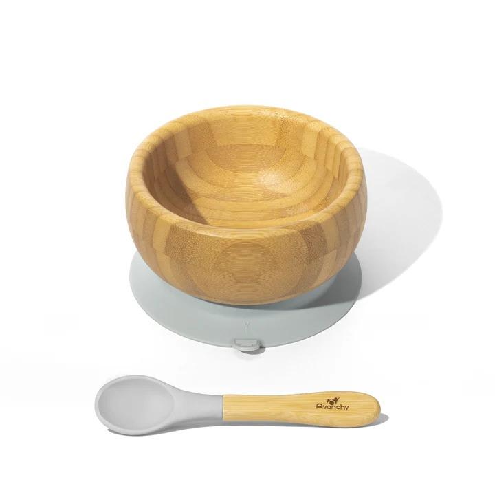 BAMBOO STAY PUT SUCTION BABY BOWL+SPOON GRIS